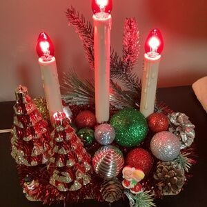 Vintage Electric Light Candolier Christmas Candle. Decorated w/Vtg Mr Mrs Claus